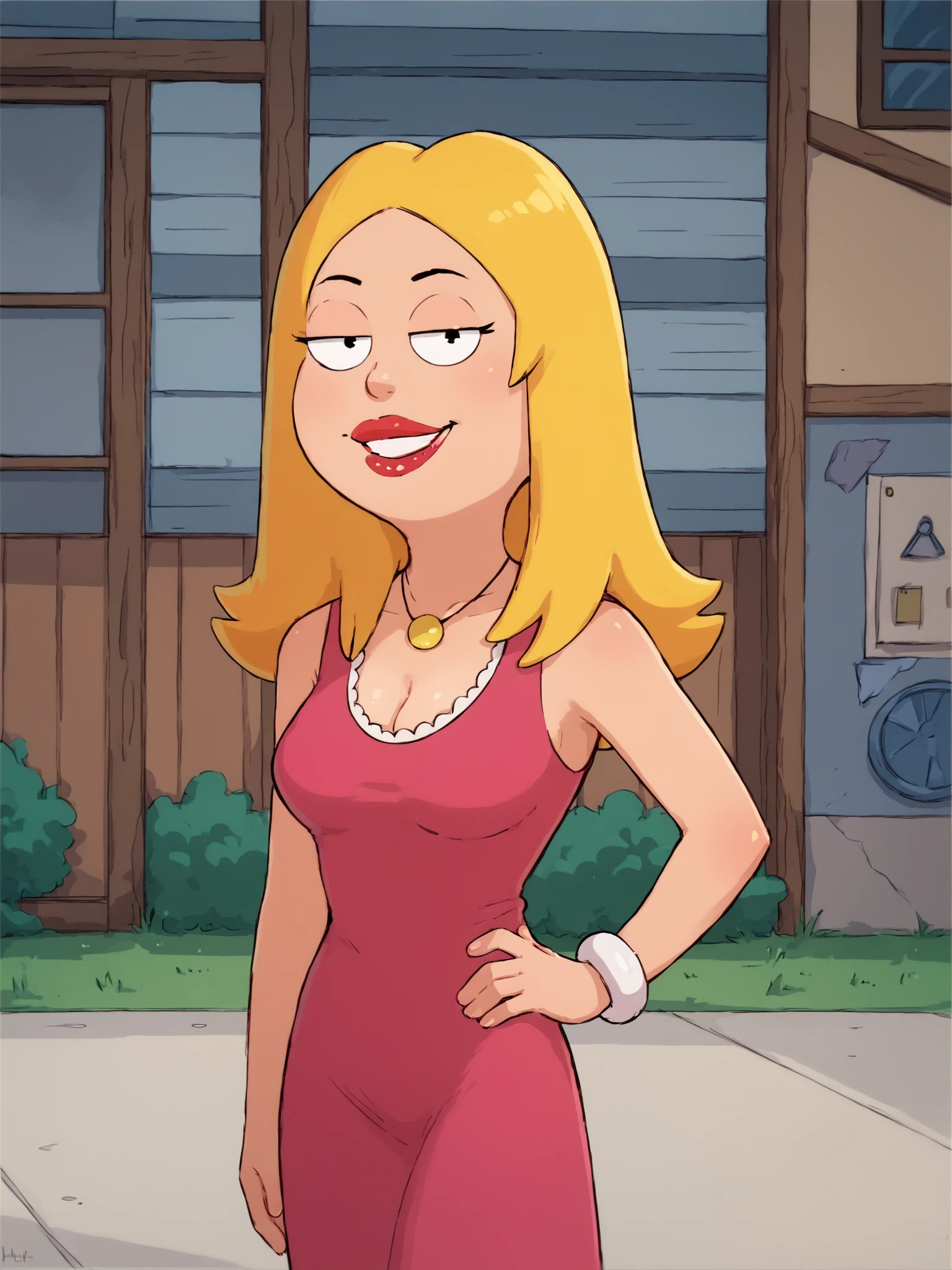 <lora:francinePony20epochs:1> francine,flat color,  blonde hair, 1girl, long hair, white braclet, breasts, solo, necklace, cleavage, pink dress, dress, red lips, standing,looking at viewer,fit,outdoors, hand on own hip,   breasts, smile,   score_9, score_8_up, score_7_up, score_6_up, score_5_up, score_4_up