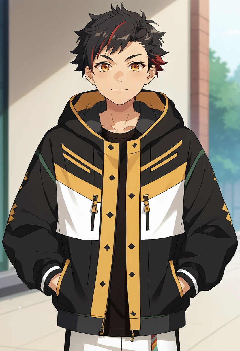 score_9, score_8_up, score_7_up, masterpiece, best quality, solo, cute, male focus,Tetora Nagumo, multicolored hair, black hair, yellow eyes eyes, multicolored jacket, black jacket, black shirt, white pants<lora:EMS-362379-EMS:1.000000>