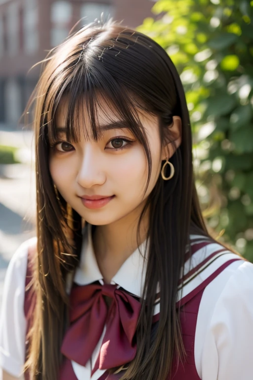 (masterpiece, best quality:1.4), 8k, highres, shiny skin, lips, super detailed skin, detailed beautiful face and eyes, bloom, spotlight, college, ground, Woman with black hair bobcut.upper body, bow, earrings, long hair, school uniform <lora:civitai_training_girl_v4-3:0.9>