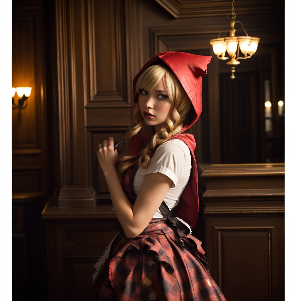 raw photo,cinematic shot,realistic,professional photography,chaperomon,1girl,solo,red hood,dress,blonde hair, hair over eyes,apron,stitches,cropped,portrait,from side,indoors, <lora:Chaperomon15v3:1>, sfw, masterpiece, best quality,absurderes
