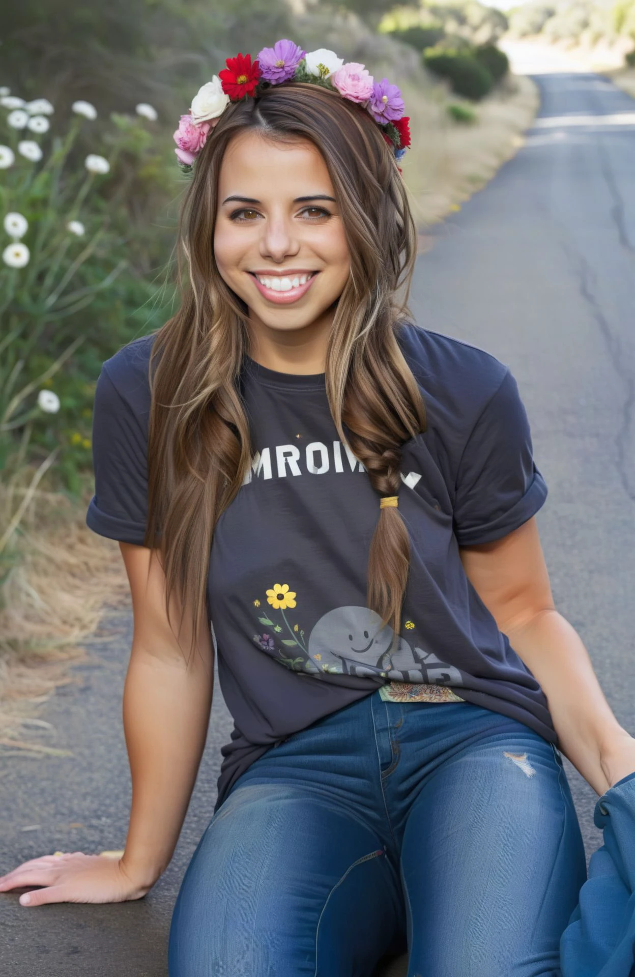 <lora:lrbly_xl:1.0> lrbly, 1girl, brown hair, long hair, brown eyes, armor, outdoors, roadside, died t-shirt, jeans, flowers in hair, smile,