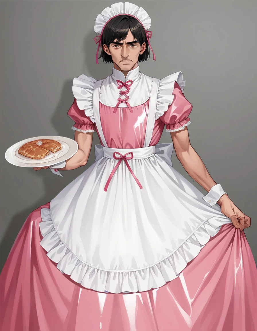 score_9, score_8_up, score_7_up, score_6_up, score_5_up, score_4_up, best quality, anime, old, 1boy, black hair, brown eyes, makeup, lipstick,  HUD_latx_gwn, puffy sleeves, pink dress, white apron, maid, latex, headdress, high heels, pink bows, <lora:HUD_latx_sisy_XLP:0.6>