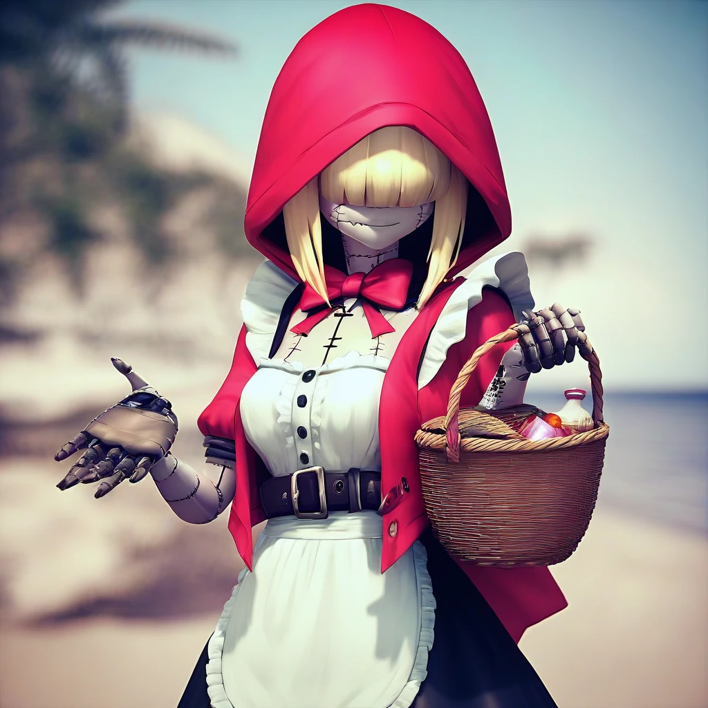 score_9, score_8_up, score_7_up, score_6_up, score_5_up, score_4_up, rating_safes,source_3d,1girl,solo,red hood,maid dress,bowtie,belt,blonde hair,hair over eyes,shaded face,stitches,patchwork, upper body,basket,holding basket,outdoors,beach,<lora:ChaperomonXL:0.9>