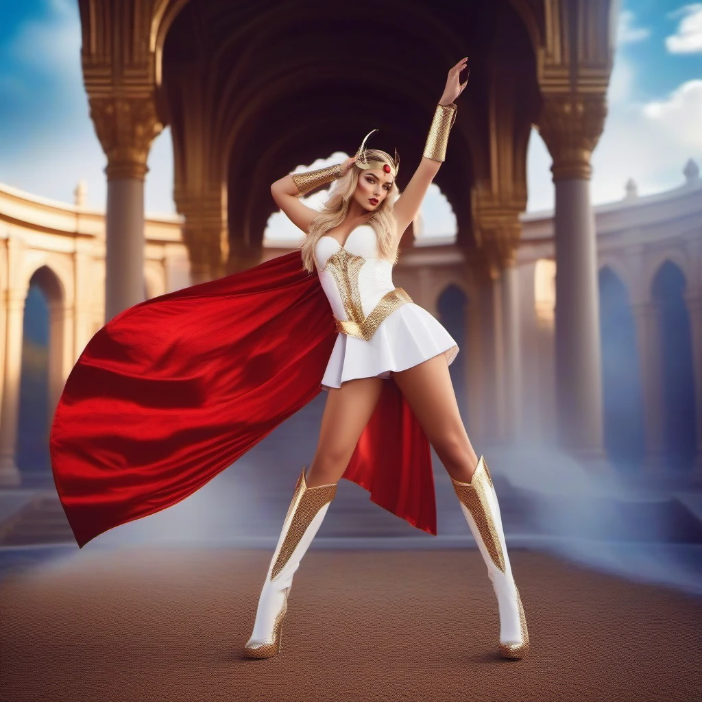 cinematic photo a full body woman dressed in a white costume,white miniskirt, golden headband, red cape, fantasy background <lora:She-ra-1024:0.8> . 35mm photograph, film, bokeh, professional, 4k, highly detailed