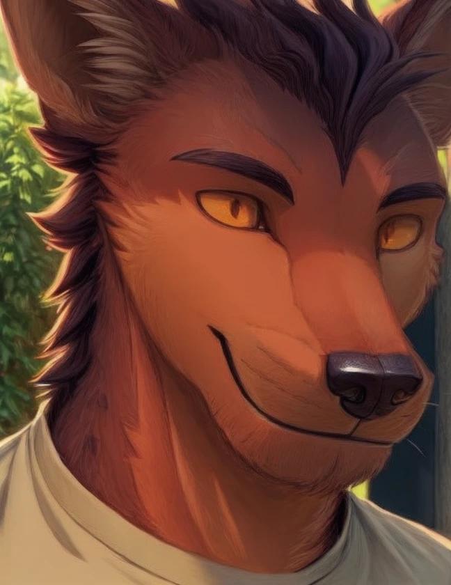 by null ghost, male anthro, detailed background, casey, smile, colored, thick eyebrows,athletic, male focus,anthro, face close-up, portrait, cropped, detailed yellow eyes, short hair, mohawk, red fox-hyena, hyena ears, long nout, tokyo streets, <lora:add_detail:1>, <lora:casey-50:1>