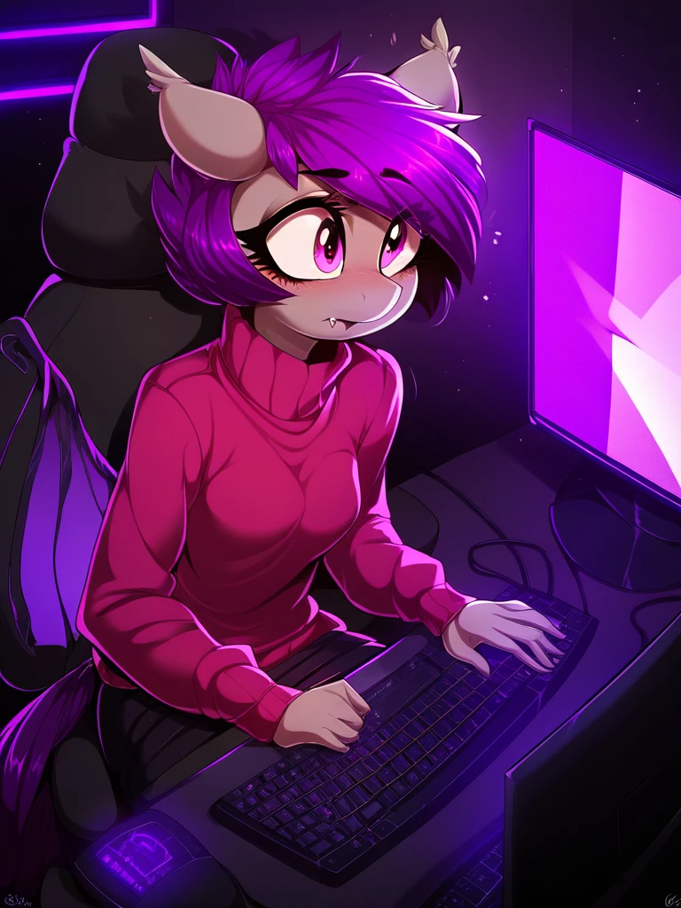 score_9, score_8_up, score_7_up, score_6_up, score_5_up, score_4_up, source_pony, anthro, Nolegs_PonyXL, 1girl, solo, (gray skin, purple eyes, fang, short purple hair, purple tail, small breasts), (sweater, skirt), sitting, computer, desk, computer chair, monitor, keyboard, streaming, detailed face, detailed eyes, crisp, detailed background, <lora:nolegs-v2:1>