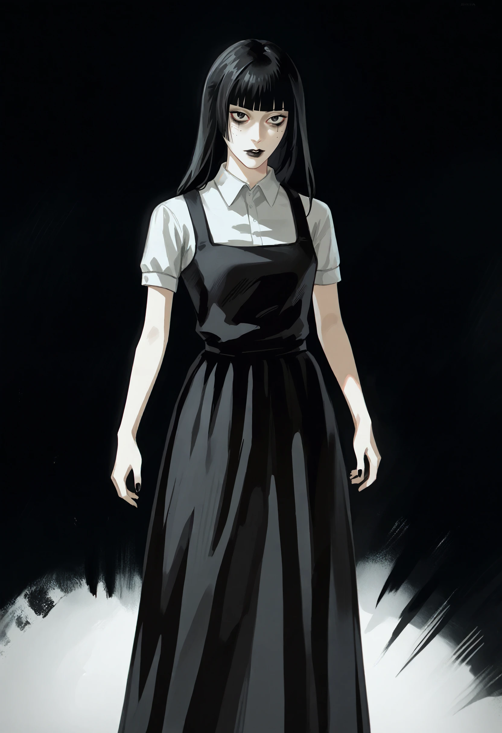 score_9, score_8_up, score_7_up, score_6_up, score_5_up, score_4_up,
BREAK
1girl, samarie funger, blunt bangs, black hair, black eyes, bags under eyes,
BREAK
standing, black dress, long dress, white shirt, short sleeves, black lips,
BREAK
black background, simple background, dynamic pose, dark, <lora:Lunas-Uqi32-SDXL-A1:1> <lora:Lunas-Samarie-Funger-SDXL-A1:1>
