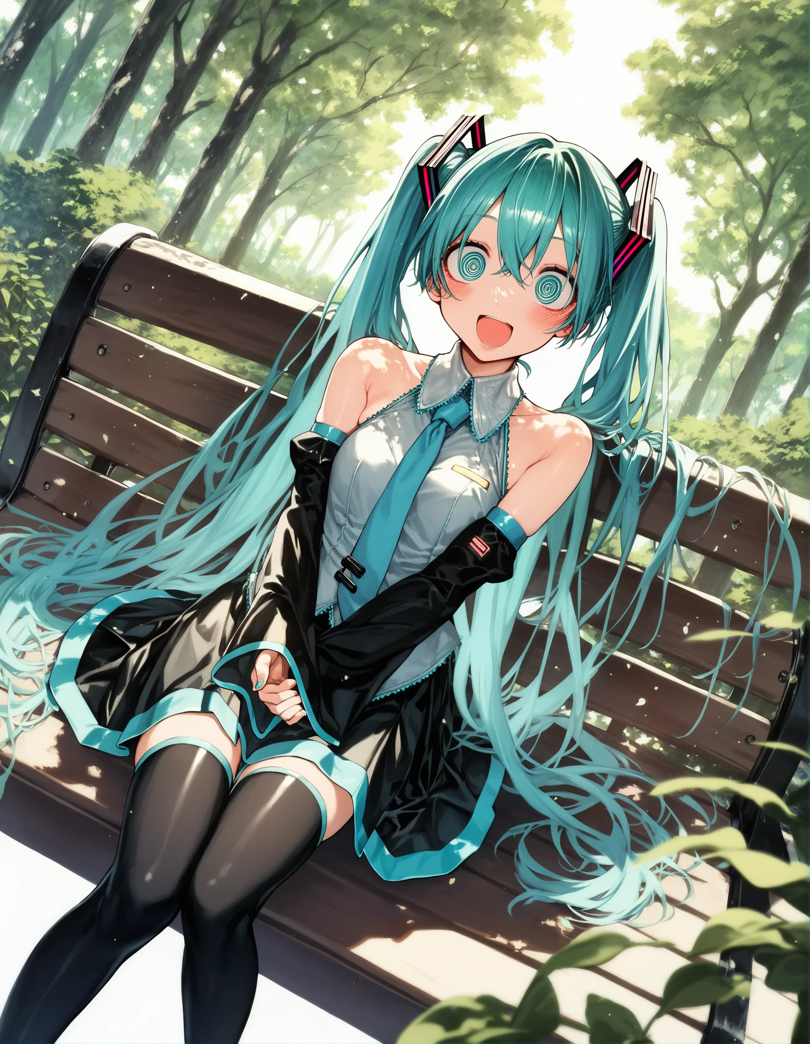 score_9, score_8_up,score_7_up,score_6_up, a girl is sitting on a park bench, smile, open mouth, blush, looking at viewer, detached sleeves, black thighhighs, black skirt, (hatsune miku:0.9), dutch angle, spiral_eyes, (hatching \(texture\),:1.3) 
<lora:hirune_style_pony6_v1:1.2>