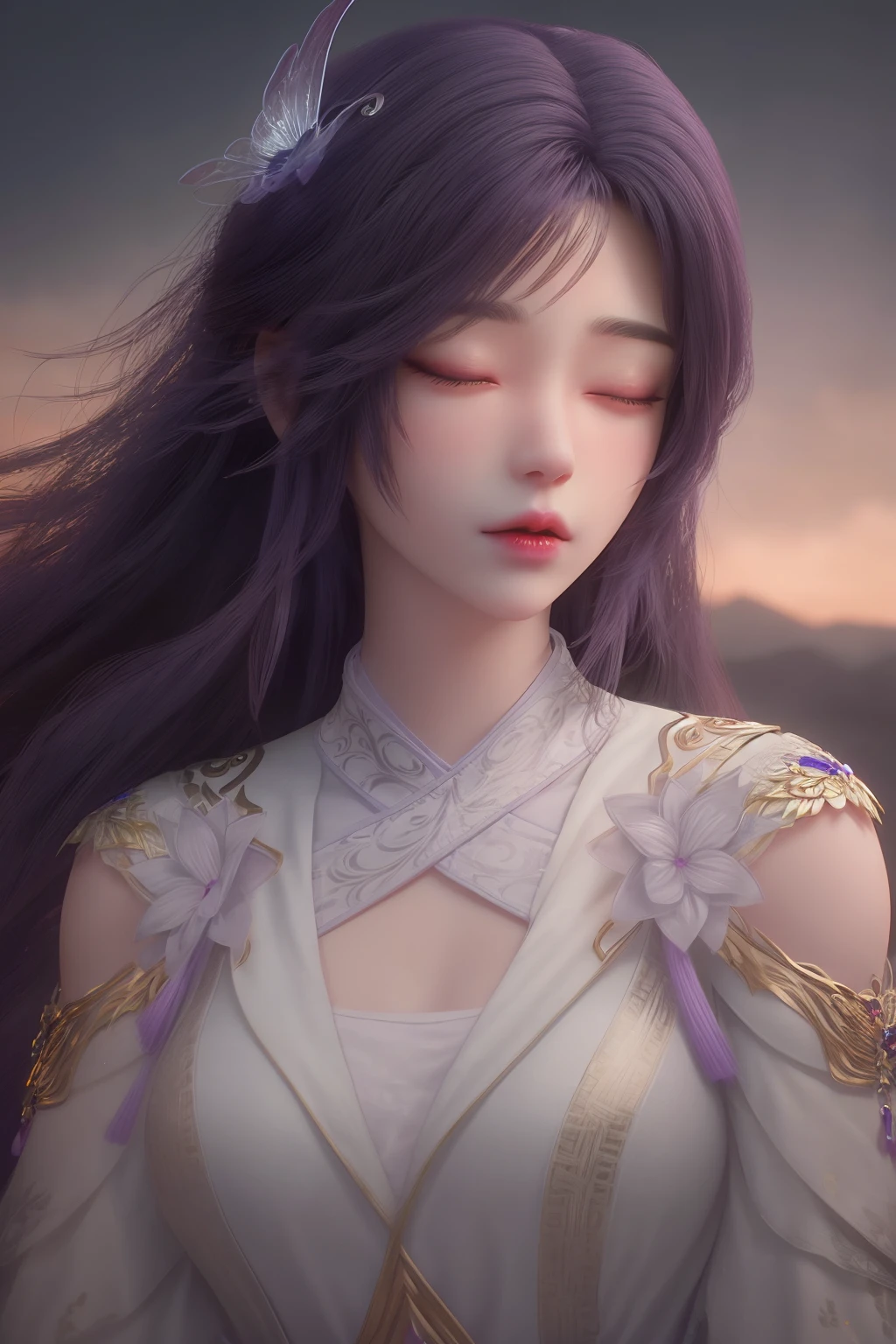 <lora:ZWyunxi:1>,yunxi,1girl,closed eyes,(hair ornament:1.3),long hair,purple hair,dress,upper body,aotori,bird,white dress,solo,(light:1.2),closed mouth,wings,glowing,mew,fantasy,<lora:Detail Tweaker LoRA (ç»èè°æ´):0.4>,, best quality , masterpiece, illustration, an extremely delicate and beautiful, extremely detailed ,CG,unity,8k wallpaper, Amazing, finely detail, masterpiece, best quality,official art,extremely detailed CG unity 8k wallpaper,absurdres, incredibly absurdres, huge filesize , ultra-detailed, highres, extremely detailed,beautiful detailed girl, extremely detailed eyes and face, beautiful detailed eyes,light on face,