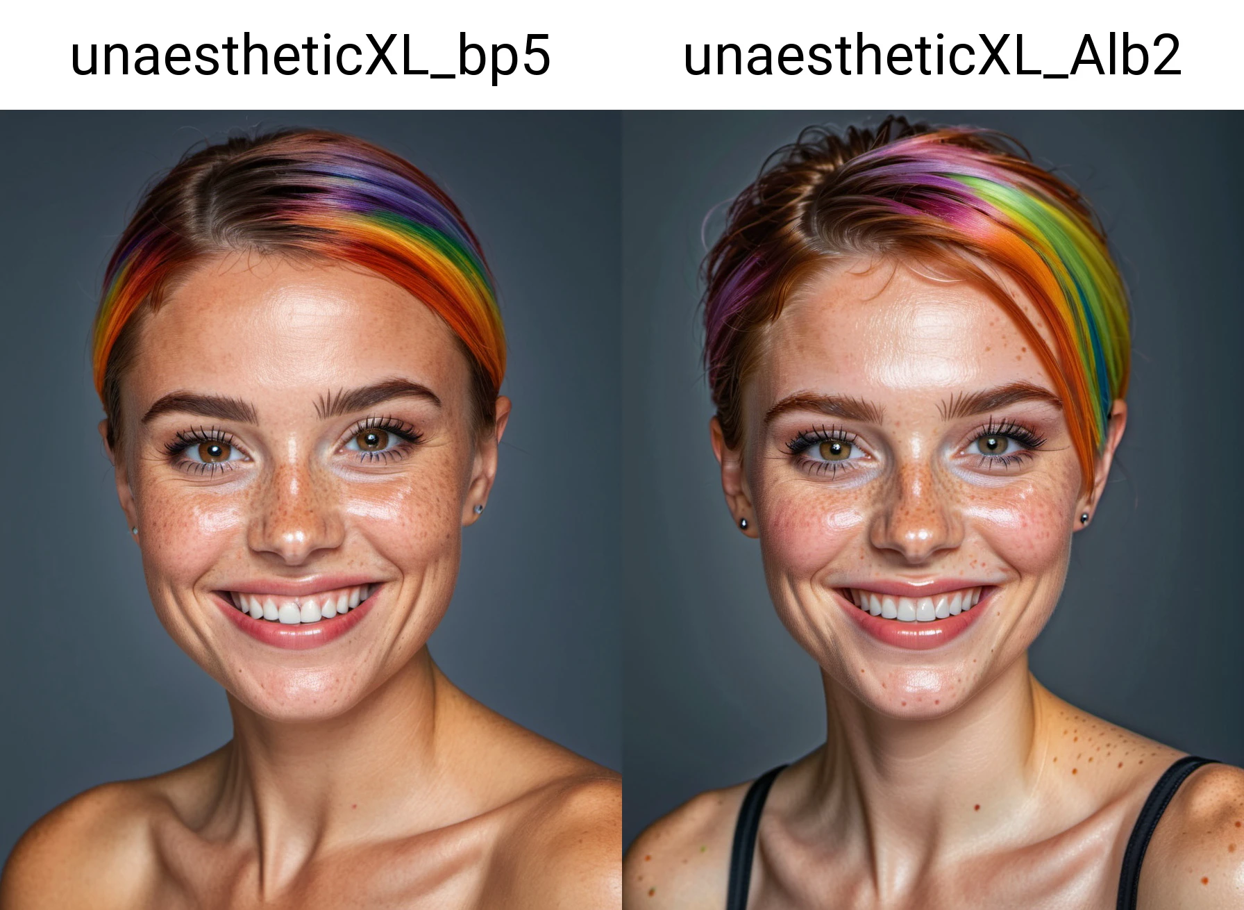 beautiful lady, (freckles), big smile, brown hazel eyes, Short hair, rainbow color hair, dark makeup, hyperdetailed photography, soft light, head and shoulders portrait, cover