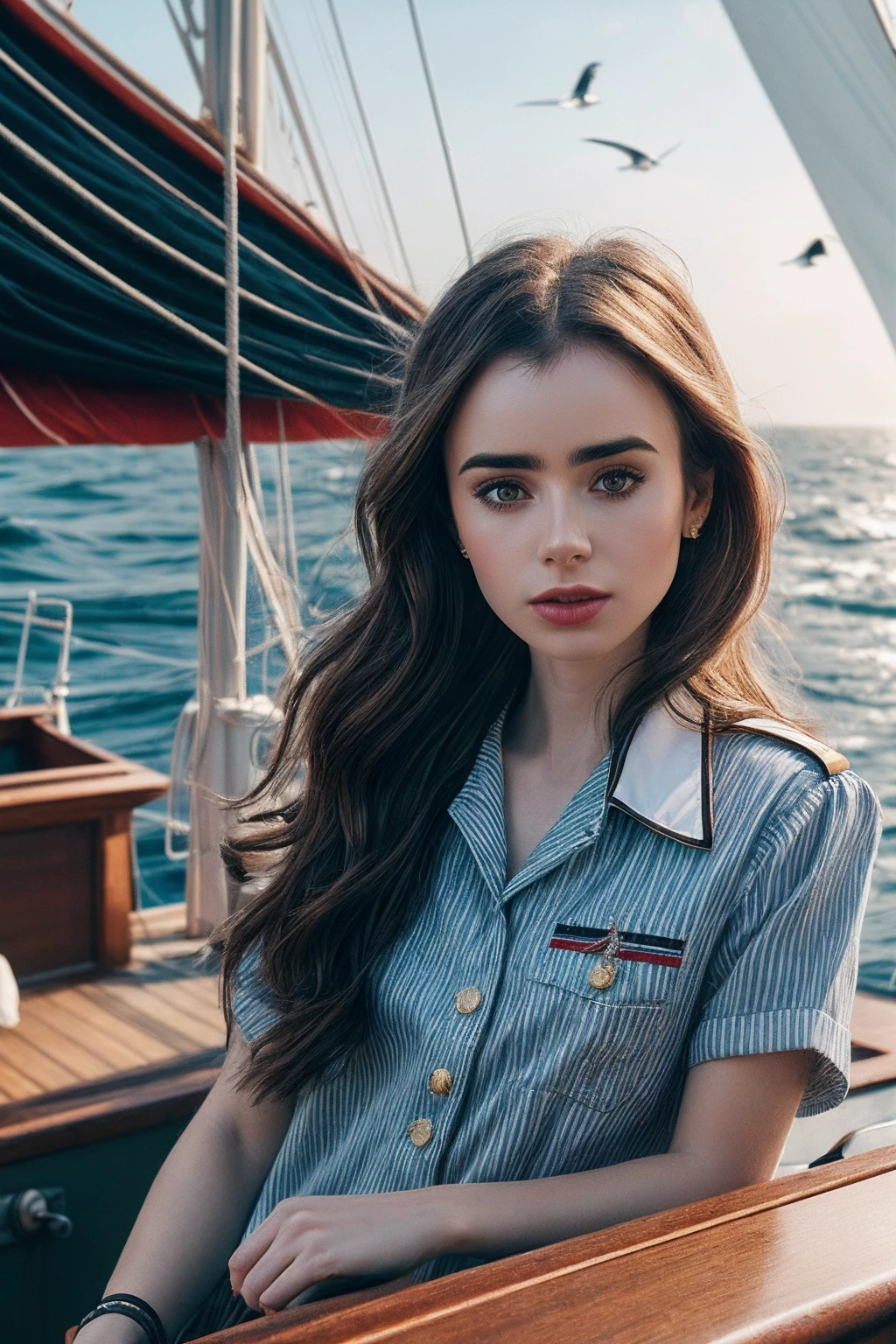 LilyC_SoloTI_v1,
(Decked out in a striped sailor shirt paired with high-waisted shorts and a captain's hat, with rope accents and anchor motifs),
(On the deck of a sailing ship, with billowing sails and the salty sea breeze filling the air, as seagulls circle overhead and waves gently lap against the hull:1.3),
(seductive:1.3),(analog, cinematic, film grain, hazy atmosphere, cinematic shot:1.3),
<lora:add_detail:0.8>,<lora:LowRa:0>, PA7_Portrait-MCU,