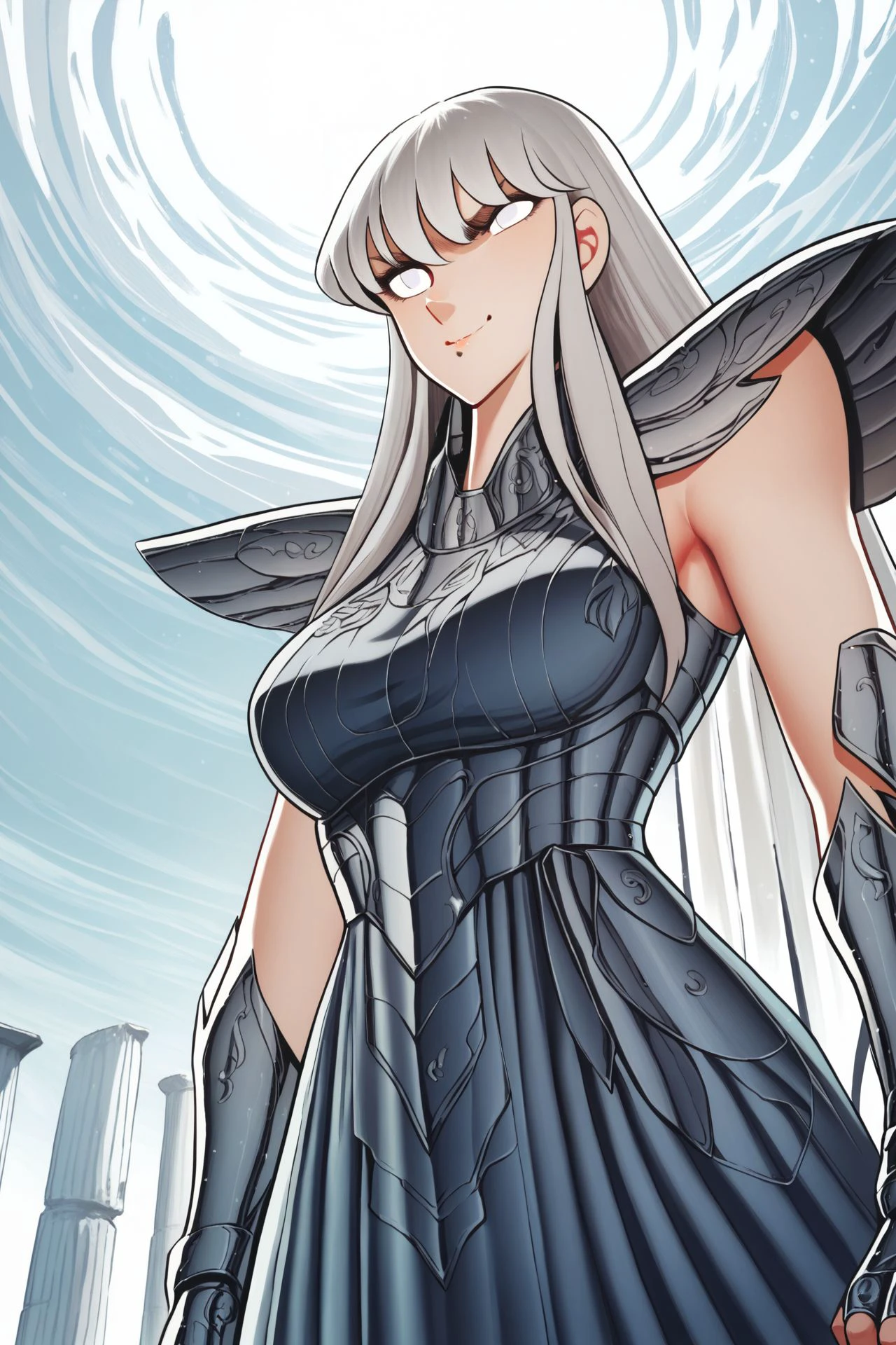 score_9, score_8_up, score_7_up, 1girl, solo, smirk, grey hair, curtain_bangs, very_long_hair, white eyes, large breasts, silver armor, outdoors, <lora:Masami_Kurumada_PonyXL_style_v01.10.025:1>-