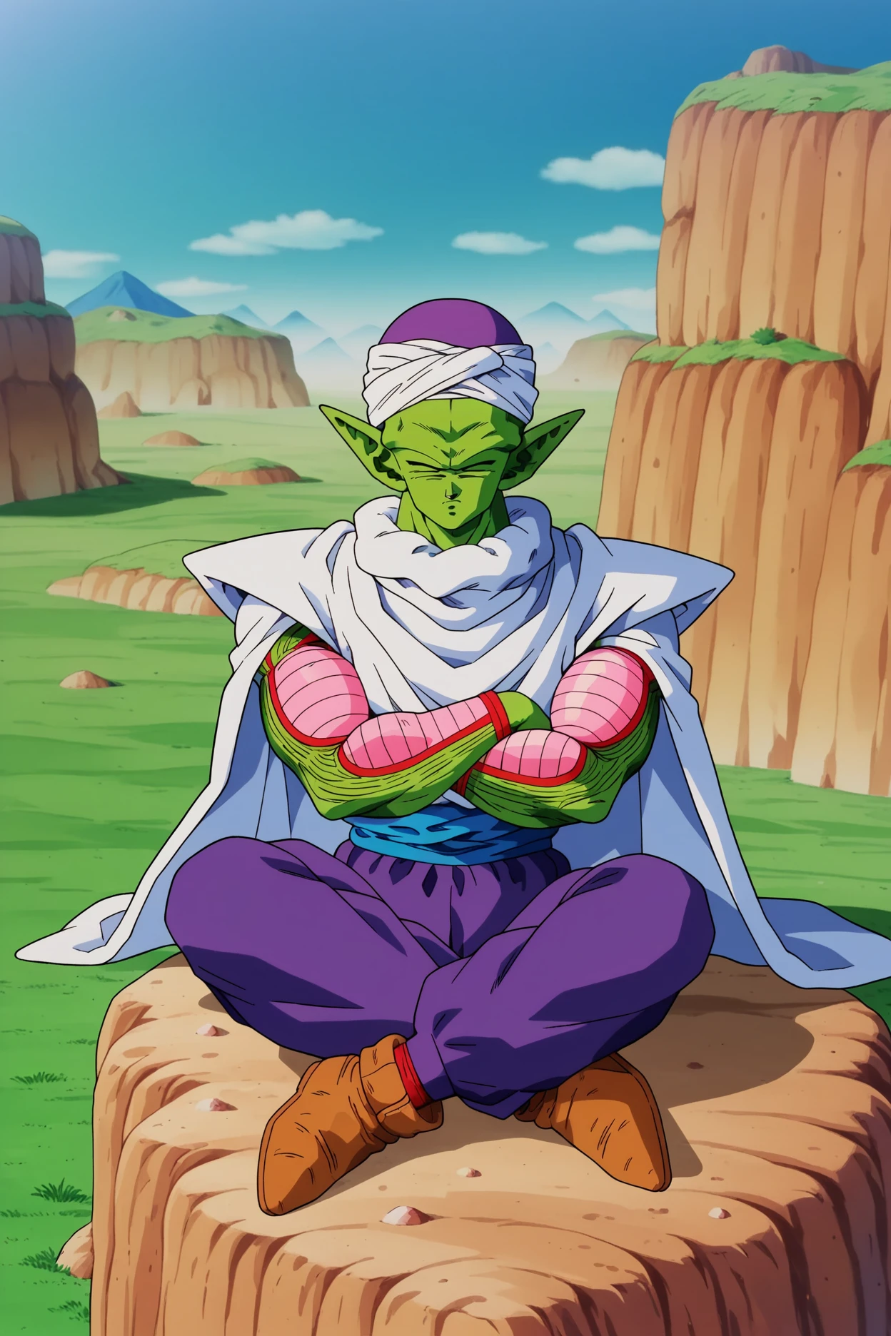 score_9, score_8_up, score_7_up, score_6_up,source_anime, BREAK break wasteland,brown ground,on cliff,outdoors, grass,blue sky,plateau,mountain,piccolo,1boy, full body,green skin, white turban, white cape, purple dougi,pink patches, blue sash, brown shoes,purple pants,pointy ears,sitting, indian style, crossed arms, closed eyes,serious, sleeveless,crossed legs,from above,floating, flying    <lora:BreakWastelandPony:1> <lora:Piccolo_v0_9:1>