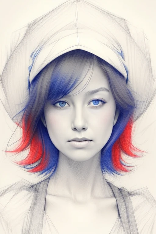 masterpiece, best quality, 1girl, closed mouth, face, blue and red pen drawing, hat, lips, looking at viewer, blue and ren line art, realistic, short hair, sketch, solo
