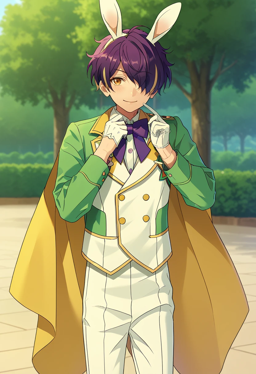 score_9, score_8_up, score_7_up, masterpiece, best quality, solo, cute, male focus, Shinobu Sengoku, multicolored hair, purple hair, yellow eyes, hair over one eye,bunny ears, white vest, white pants, purple bowtie, white gloves, yellow cape, green jacket<lora:EMS-362435-EMS:1.000000>, <lora:EMS-359635-EMS:0.600000>