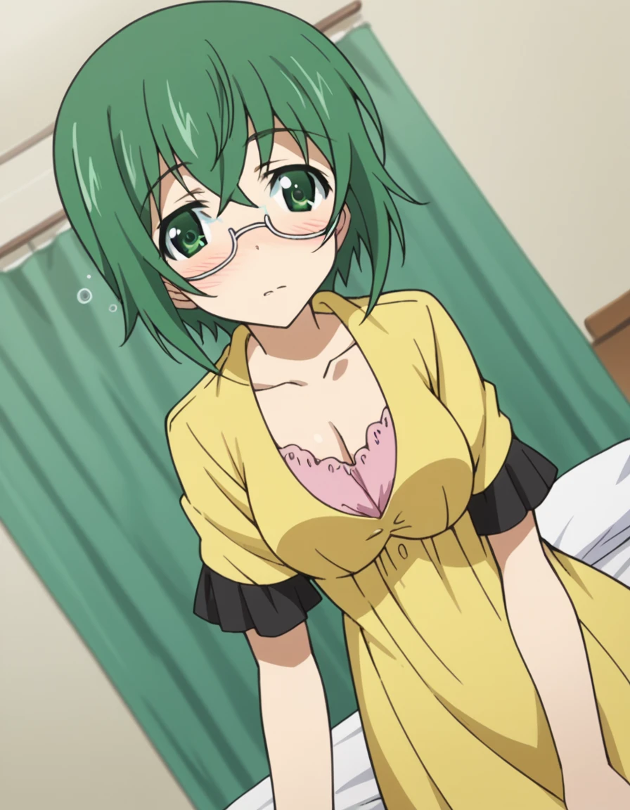 score_9, score_8_up, score_7_up, source_anime,
mayayamada, <lora:maya-yamada-s2-ponyxl-lora-nochekaiser:1>,
maya yamada, short hair, green eyes, green hair, glasses, semi-rimless eyewear, under-rim eyewear,
dress, cleavage, yellow dress, short sleeves, collarbone,
indoors, bed, bed room, on side, blush, drunk,
looking at viewer, cowboy shot, solo, dutch angle,