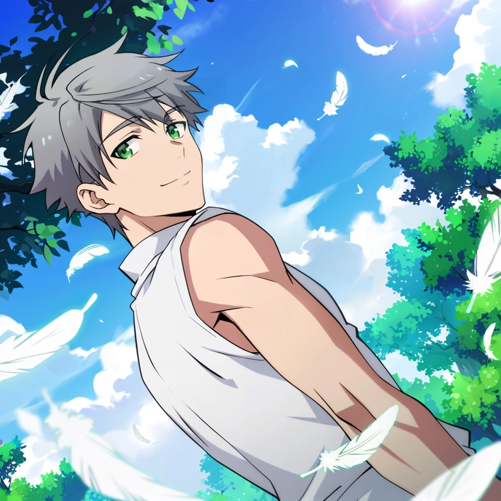 score_9,score_8_up,score_7_up,score_6_up,rating explicit,focus male,source anime,zPDXL,1boy,patrick,grey hair,green eyes,solo,male focus,feathers,sky,day,smile,dutch angle,cloud,sleeveless,tree,looking at viewer,shirt,outdoors,white shirt,upper body,<lora:patrick_ashbaton_ponyXLV2:0.7>,