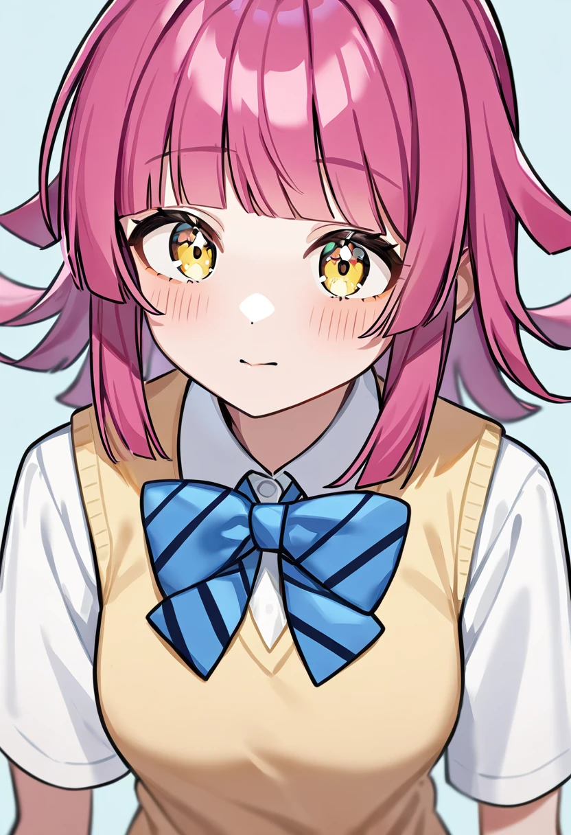 1girl, tennouji rina, yellow eyes, white shirt and blue bowtie and yellow sweater vest otonokizaka school uniform, simple blue background
