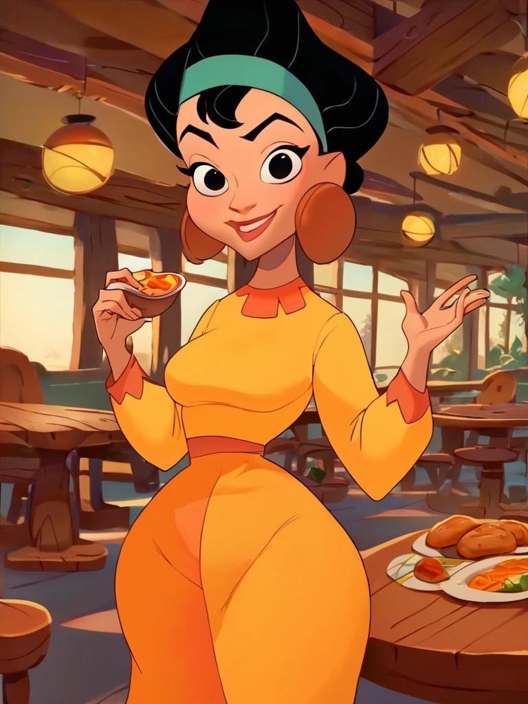 score_9, score_8_up, score_7_up, score_6_up, 1girl, holding a food dish, holding with both hands, sexually suggestive, very happy, black eyes, short hair, hairband, jewelry, yellow dress, orange long skirt, long sleeves, medium breasts, narrow waist,  looking at viewer, thick thighs, cowboy shot, dynamic pose, cute, wide shot, solo, smilf, restaurant, cartoon, disney style, 
<lora:ChichaXLP_character:1> ChichaXLP,