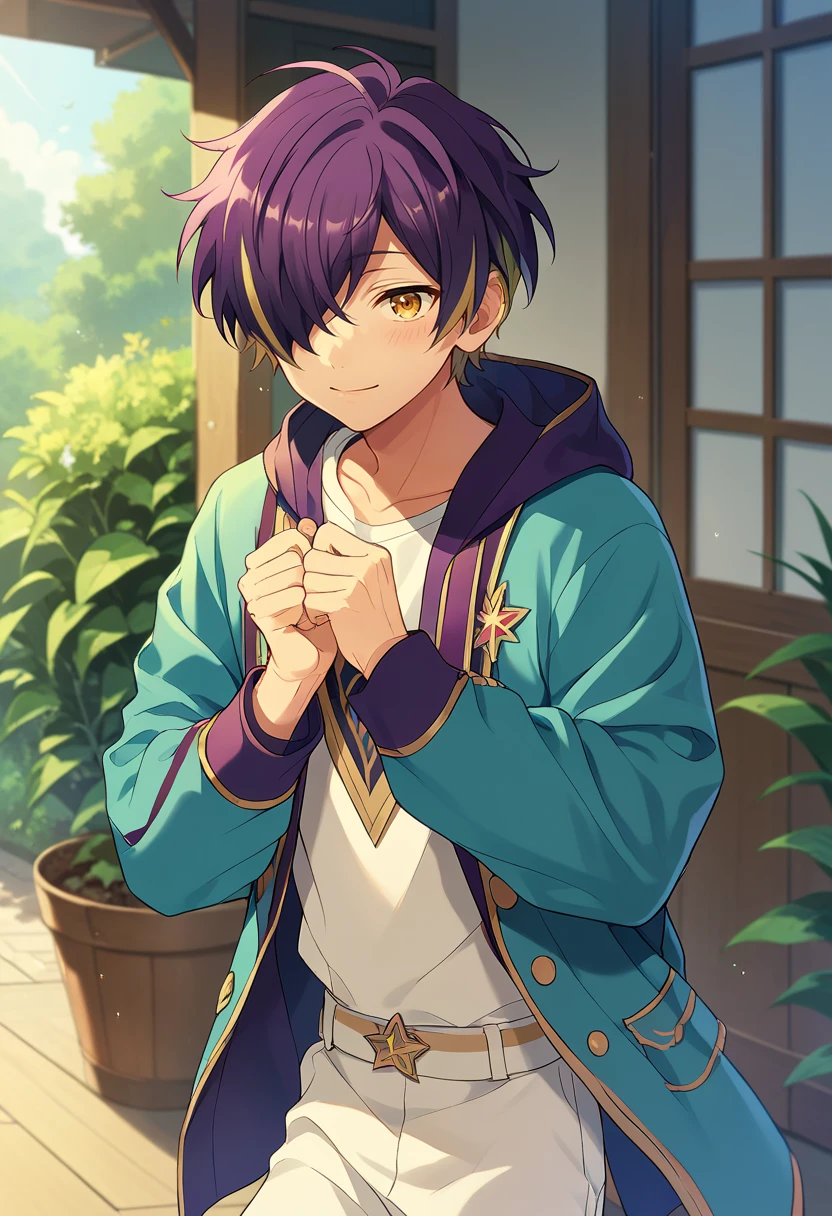 score_9, score_8_up, score_7_up, masterpiece, best quality, solo, cute, male focus, Shinobu Sengoku, multicolored hair, purple hair, yellow eyes, hair over one eye,score_6_up<lora:EMS-362435-EMS:1.000000>