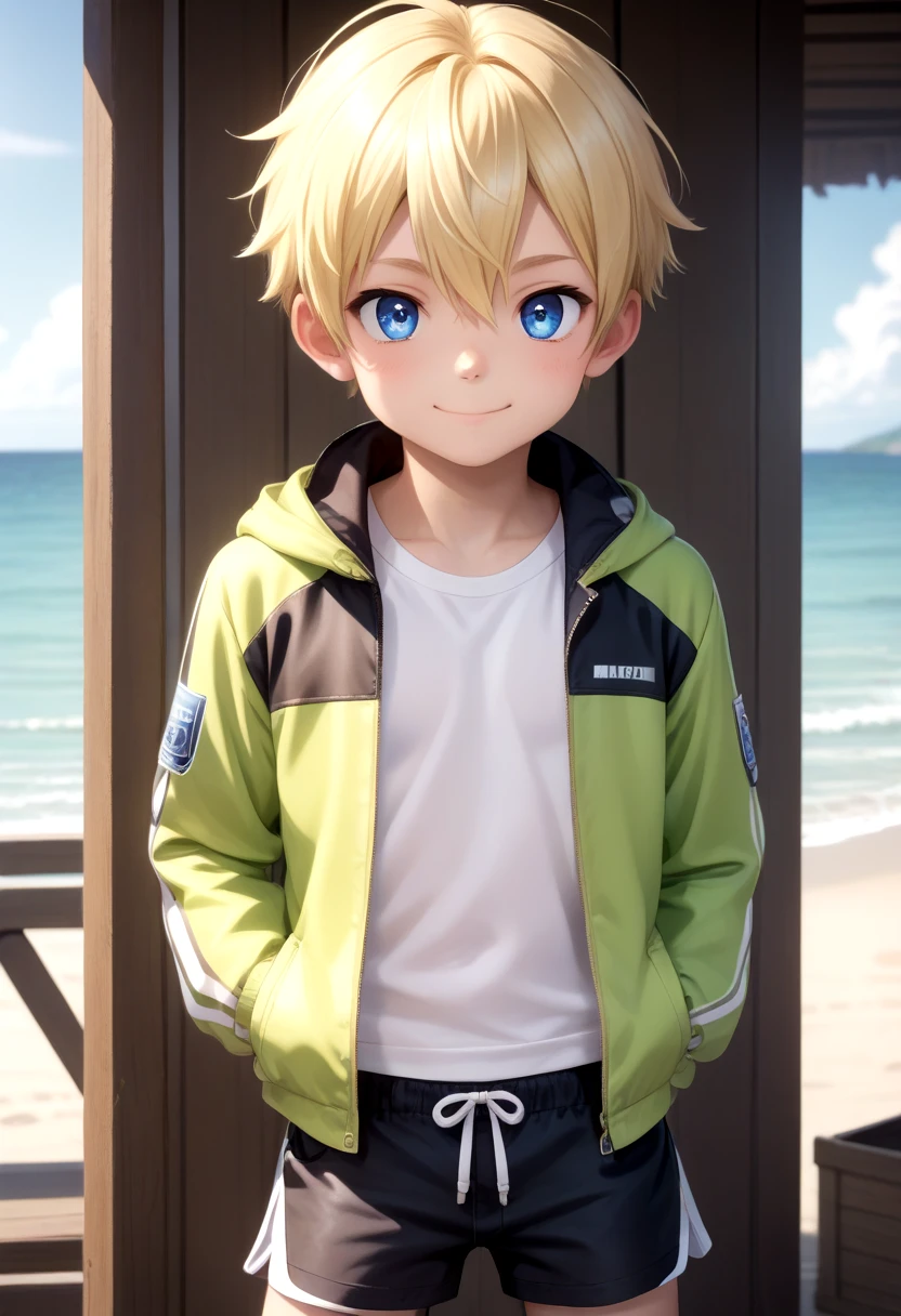 score_9, score_8_up, score_7_up, detailed eyes,beach, BREAK
sota, 1boy, (blonde hair:1.2), rashguard, jacket, box shorts, smile, male, male focus, closed mouth,
looking at viewer,male, male focus, blue hair, inside, corridors, petite, vivid colors, petite, cute, young, masterpiece, high quality, very_high_resolution, large_filesize, full color, detailed face,