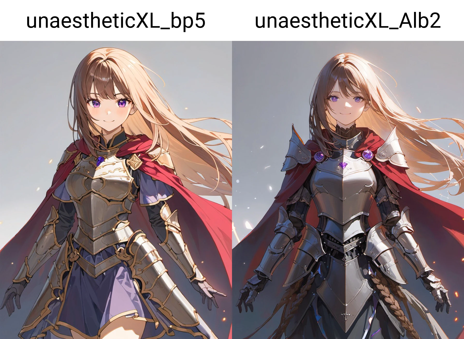 1girl,masterpiece,best quality, armor, cape, dress, long hair, purple eyes, simple background, smile