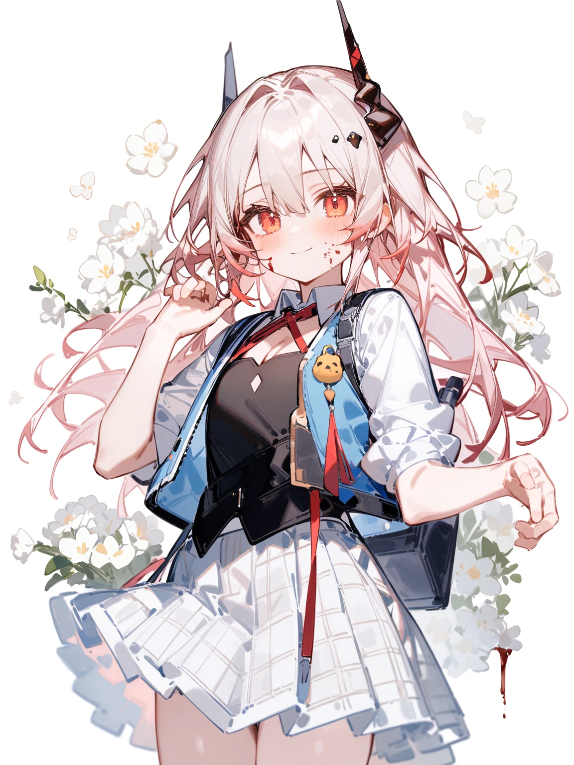 ru_zhai,ciloranko,nana kagura,1girl,solo,theresa,white pink hair,long hair,red eyes,horn,blood on face,smile,closed mouth,blush,cowboy shot,cleavage,blush,looking at viewer,vest,plaid skirt,white flower,white flower blossoms,(black background:0.5),
masterpiece,best quality,very aesthetic,absurdres,<lora:sdxl_arknights_theresa_adamw_fp8_kohakuep-V1.1-000012:1>,