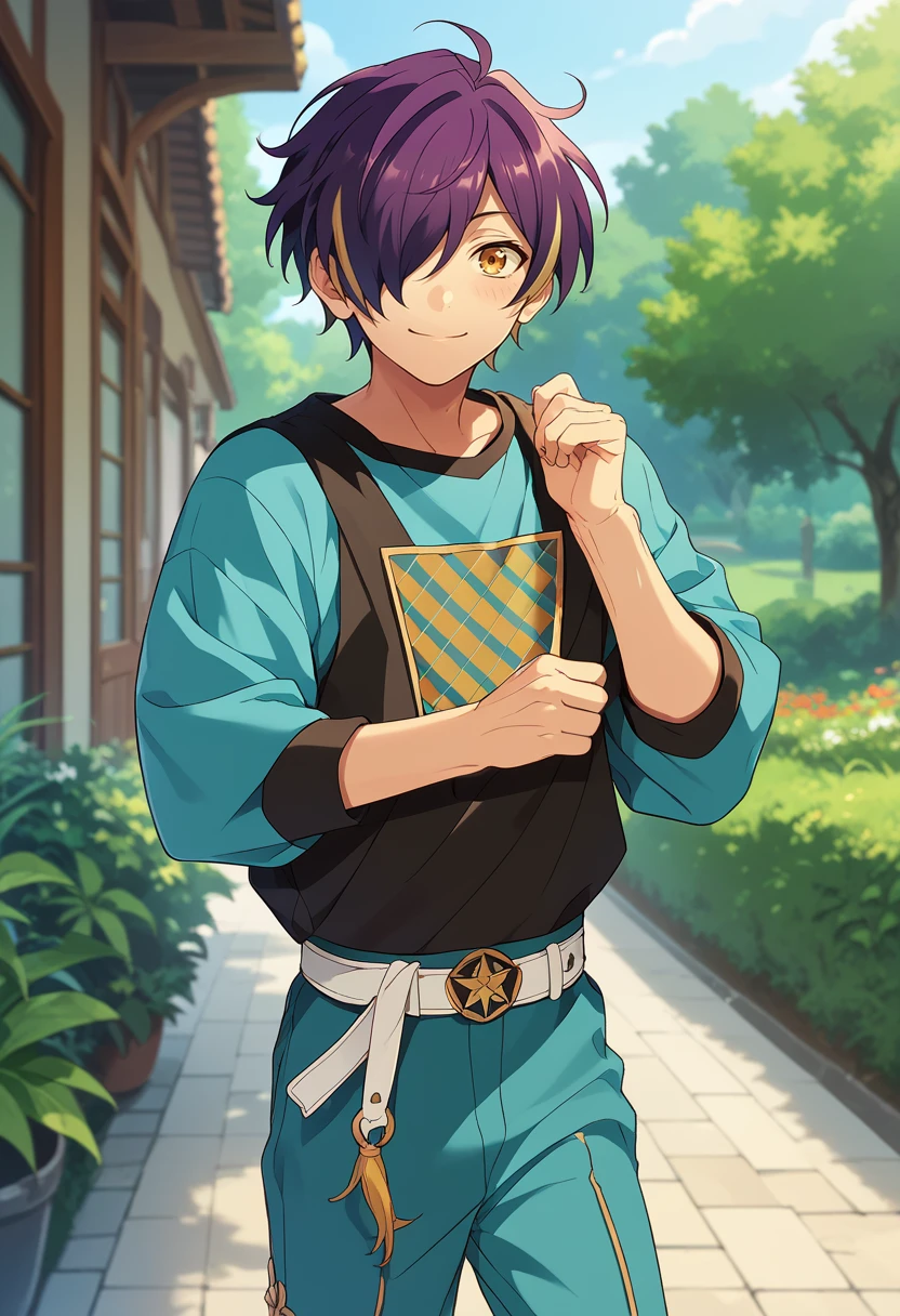 score_9, score_8_up, score_7_up, masterpiece, best quality, solo, cute, male focus, Shinobu Sengoku, multicolored hair, purple hair, yellow eyes, hair over one eye,score_6_up<lora:EMS-362435-EMS:1.000000>