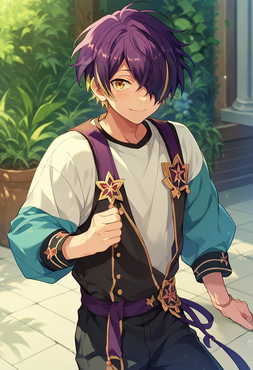 score_9, score_8_up, score_7_up, masterpiece, best quality, solo, cute, male focus, Shinobu Sengoku, multicolored hair, purple hair, yellow eyes, hair over one eye,score_6_up,score_9_up<lora:EMS-362435-EMS:1.000000>