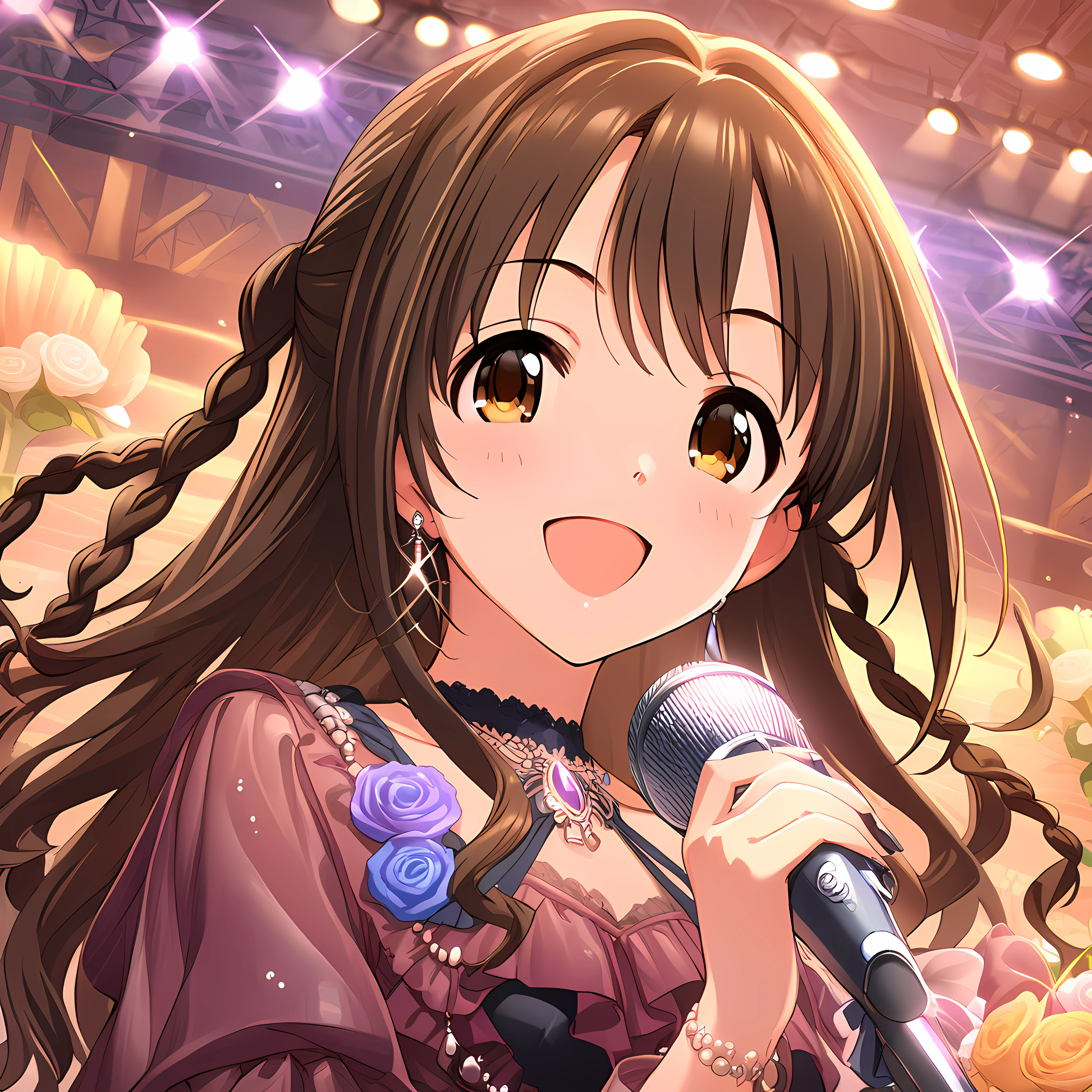 (masterpiece),(best quality),(ultra-detailed),(best illustration),(best shadow),(absurdres),(detailed background),(very aesthetic),uzuki shimamura, dressoutfit, 1girl, jewelry, long hair, brown hair, dress, solo, microphone, braid, smile, flower<lora:uzukishimamurav1:1>