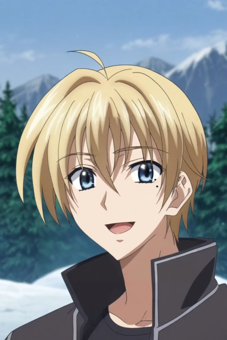 score_9, score_8_up, score_7_up, source_anime, rating_safe, , anime screencap, anime coloring, official style, , depth of field, 1boy, solo, male focus, <lora:yuuto_kiba_pony:0.86>, yuuto_kiba, blonde hair, blue eyes, short hair, hair between eyes, mole, mole under eye, panorama, snowy mountain, day, sunny, one leg up, laughing, , <lora:sdxl_lightning_8step_lora:1>