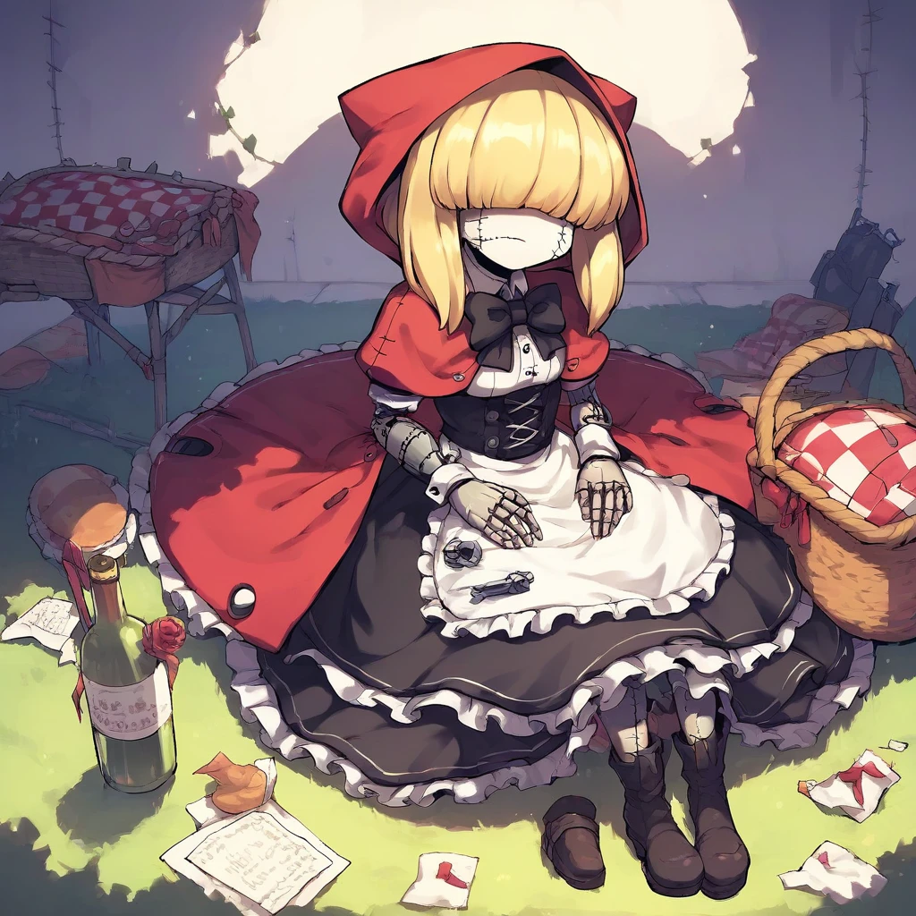 score_9, score_8_up, score_7_up, score_6_up, score_5_up, score_4_up, rating_safes,source_cartoon,1girl,solo,red hood,maid dress,bowtie,blonde hair,hair over eyes,shaded face,stitches,patchwork, sitting,chair,picnic basket,indoors,<lora:ChaperomonXL:0.9>