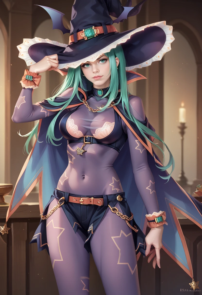 score_9, score_8_up, score_7_up, realistic portrait, <lora:wrenchdalnatsumipd:1>, dalnatsumi, witch hat, bodysuit,