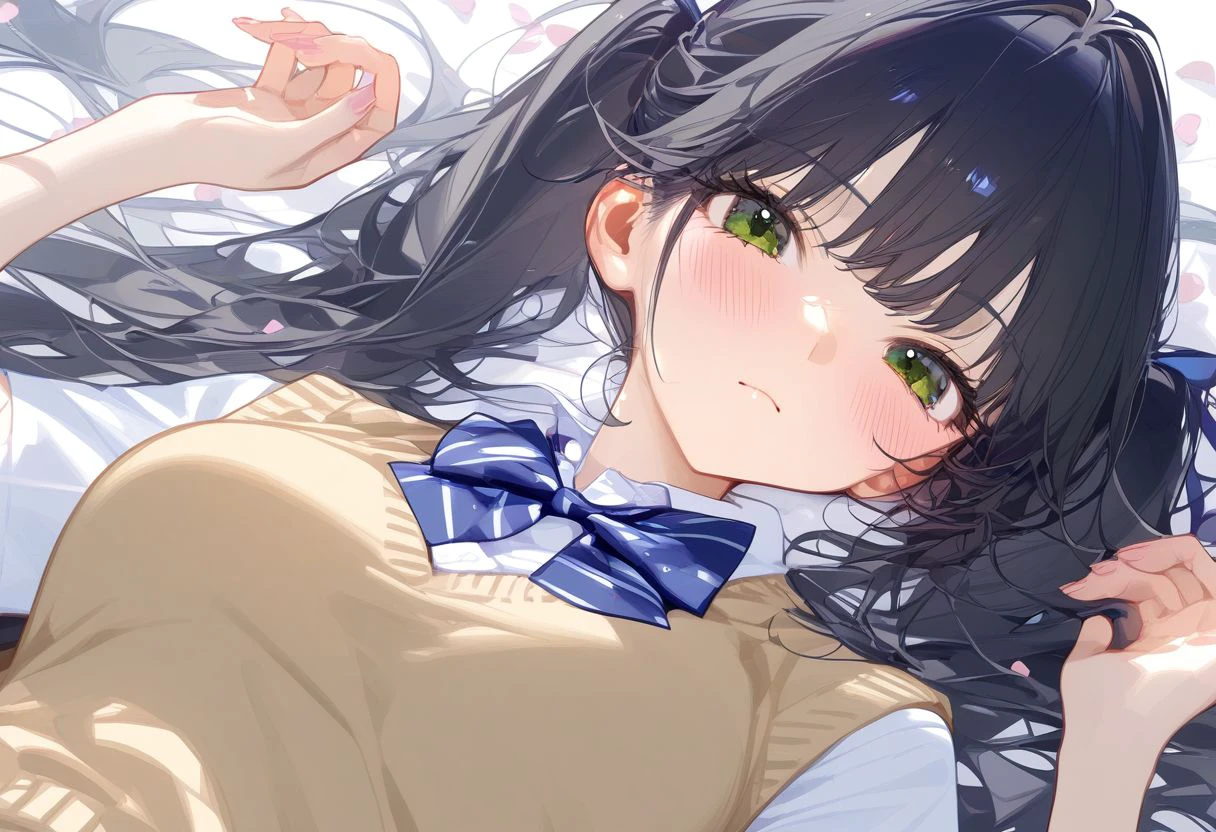 newest, masterpiece, best quality, 1girl, solo, green eyes, long hair, shirt, black hair, twintails, on back, bow, lying, petals, short sleeves, looking at viewer, white shirt, bangs, sweater vest, collared shirt, bowtie, school uniform, blush, striped bow, striped, upper body, blue bow, closed mouth, striped bowtie, white background, hands up, blue bowtie, very long hair