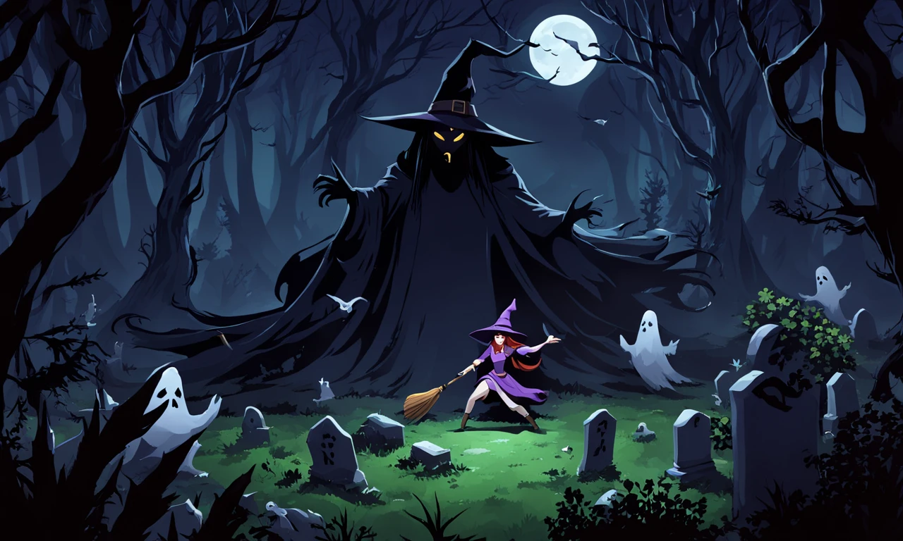 isometric landscape, a witch fighting ghosts in dark forest, dark mood, fantasy, graveyard,best quality, masterpiece, <lora:supgiantisosdxl:0.8>, painted, supgiantisosdxl, large landscape, dark, cartoon