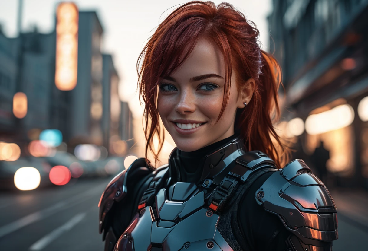 cinematic, aesthetic, a 30yo redhead woman, black armour, grinning, cyberpunk, 4k, HDR, dusk, lens flare