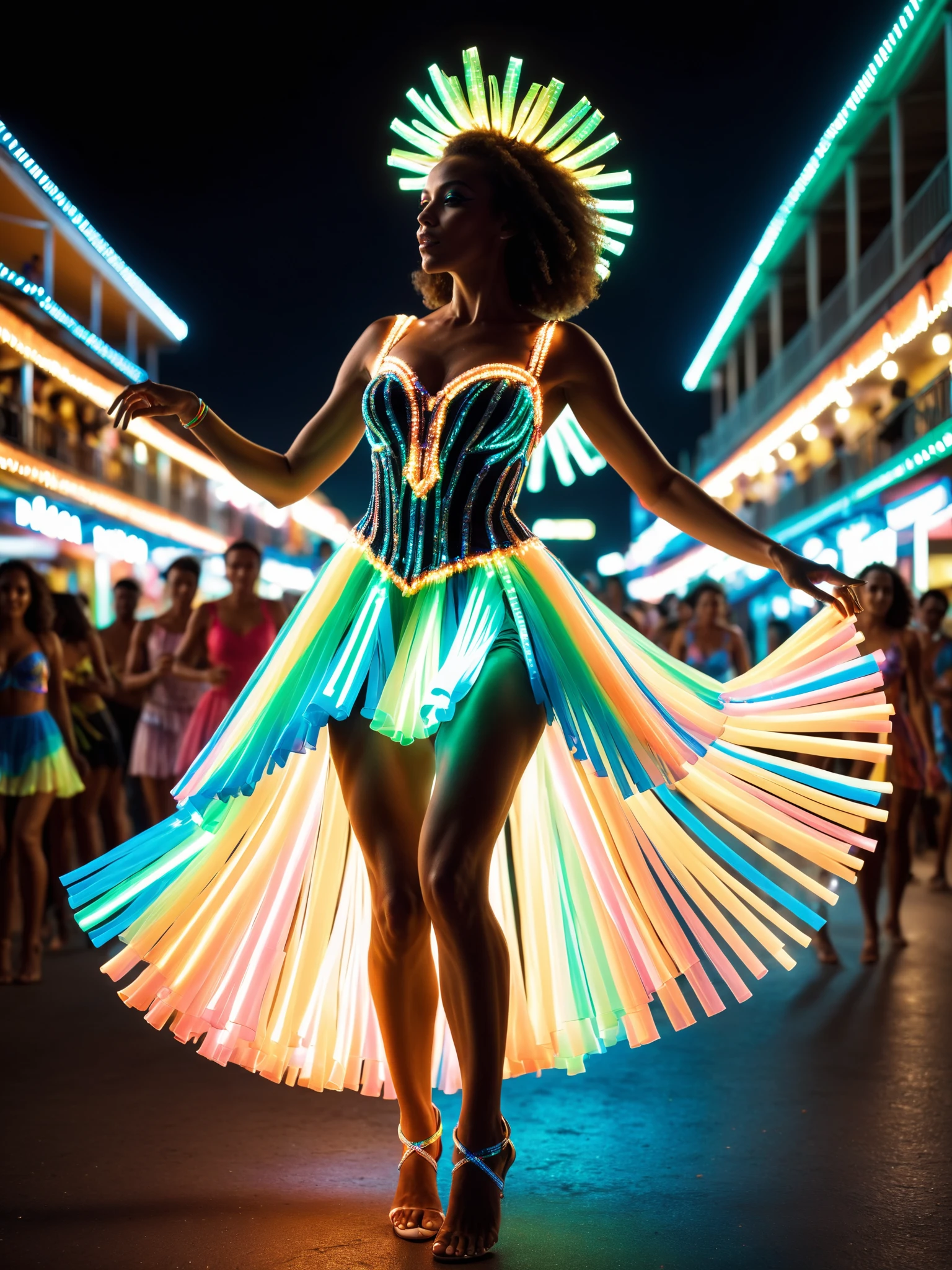 woman wearing a mad-glowstick dress, carnival, brazil, dancing, night cinematic shot, dynamic pose, great lighting <lora:Glowstick_SDXL:0.6>, raw photo, film grain, Fujifilm XT3, (photorealistic, realistic:1.2), deep shadow, 8k, uhd, dslr, ultra high res