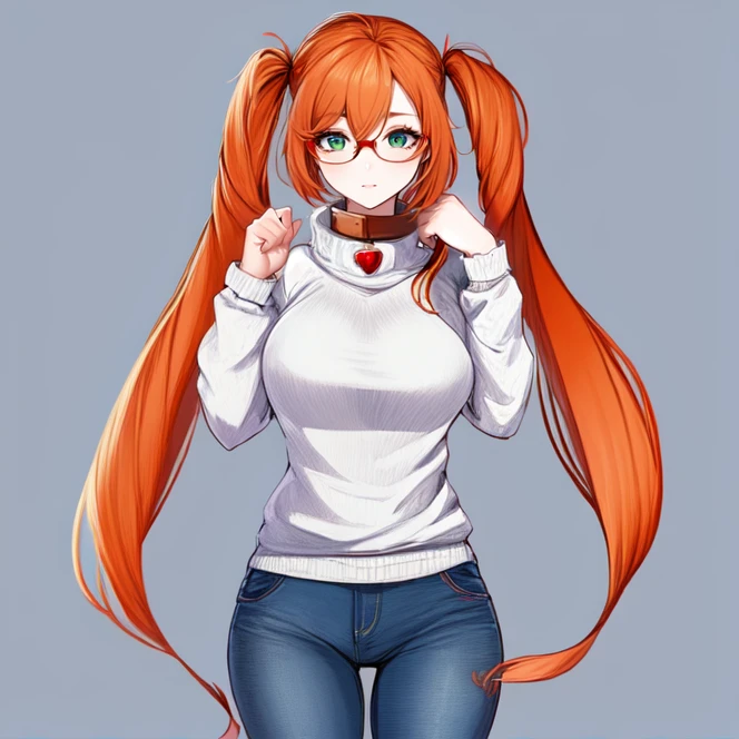 cowboy shot, solo, <lora:monicaAdenauer:0.8>, monica_adenauer, green eyes, twintails, orange hair, long hair, sweater, high collar, eyeglasses, round glasses, jeans, simple background, highres, Digital art, trending on artstation, best quality, insanely detailed, masterpiece, stunning environment, wide-angle,