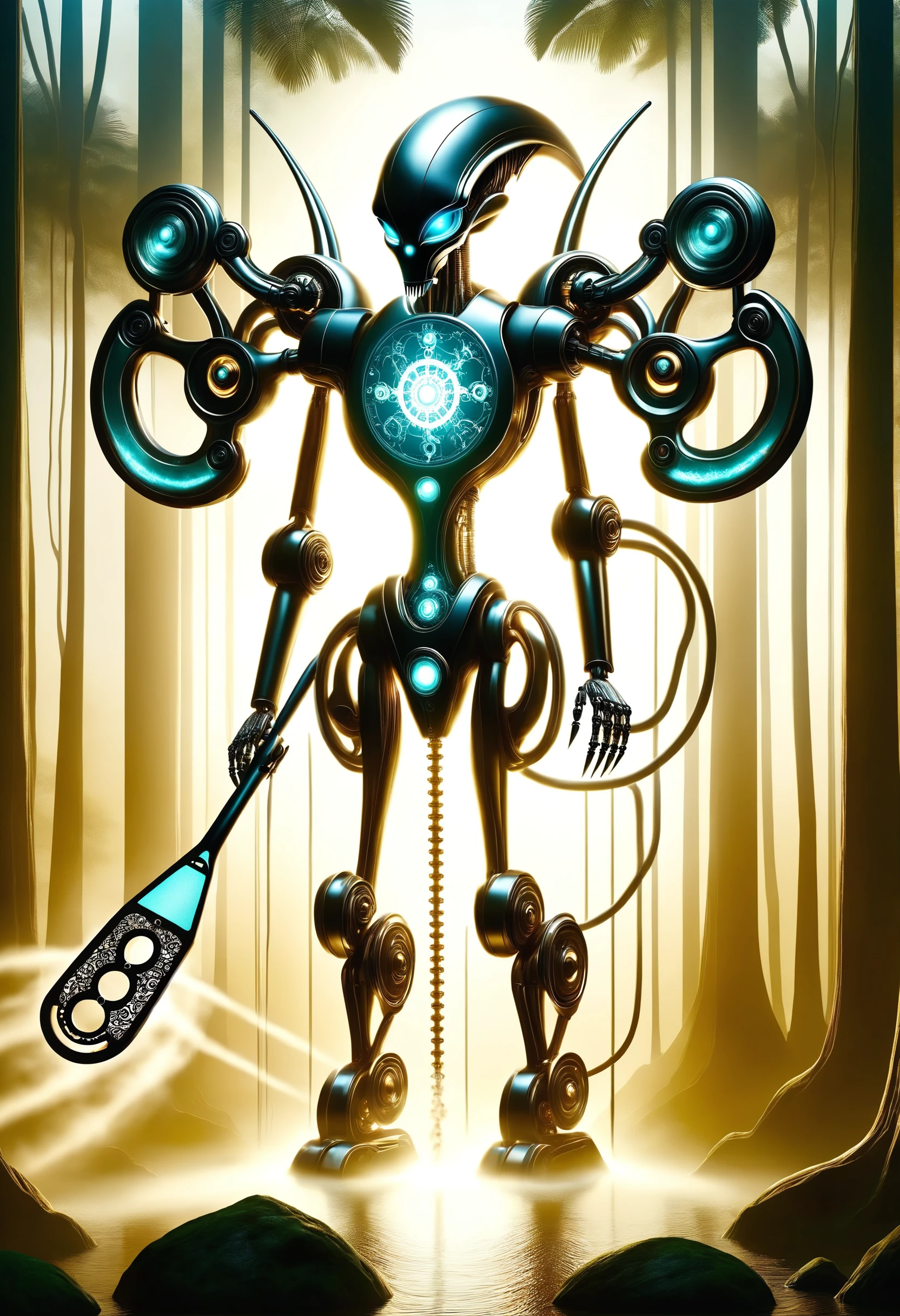 mechanized alien holding a mesmerizing omnipotent spatula of doom,  interlocking scale patterns, esterification mechanism,  echoing  x-ray effect, hollow body, compounding hydroxychloroquine cursed pattern with obsidian highlights, backlighting spotlights, hazy jungle
<lora:dvr-tldr:0.8> dvr-tldr