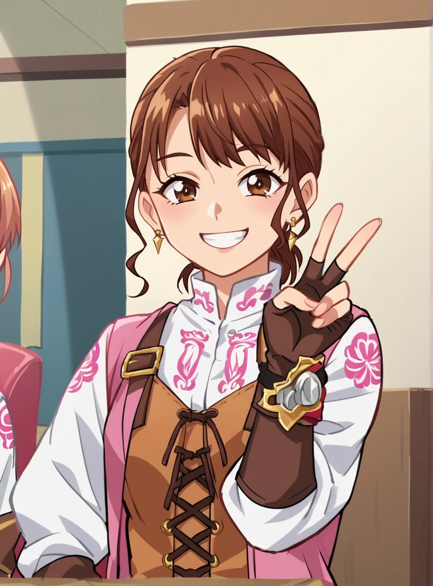 score_9, score_8_up, score_7_up, score_6_up, score_5_up, score_4_up , BREAK source_anime, ,anime screencap,anime_coloring,anime_lineart, <lora:AsunaPink:0.8>asunapink, smile, gloves, brown eyes, jewelry, earrings, shorts, thighhighs, boots, fingerless gloves, white shirt,smile, v_sign ,indoors,brown_coat,upper body,