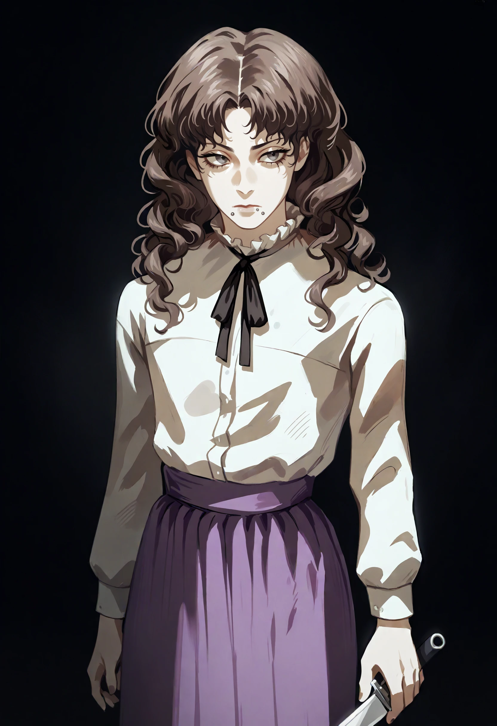 score_9, score_8_up, score_7_up, score_6_up, score_5_up, score_4_up,
BREAK
1boy, otoko no ko, femboy, trap, marina funger, dark brown hair, wavy hair, curly hair, dark grey eyes, long eyelashes, mole under mouth, mouth piercing, black neck ribbon, bored, looking away,
BREAK
solo, standing, holding knife, white shirt, purple skirt, long skirt,
BREAK
black background, simple background, dynamic pose, <lora:Lunas-Uqi32-SDXL-A1:1> <lora:Lunas-Marina-Funger-SDXL-A2-000004:1>