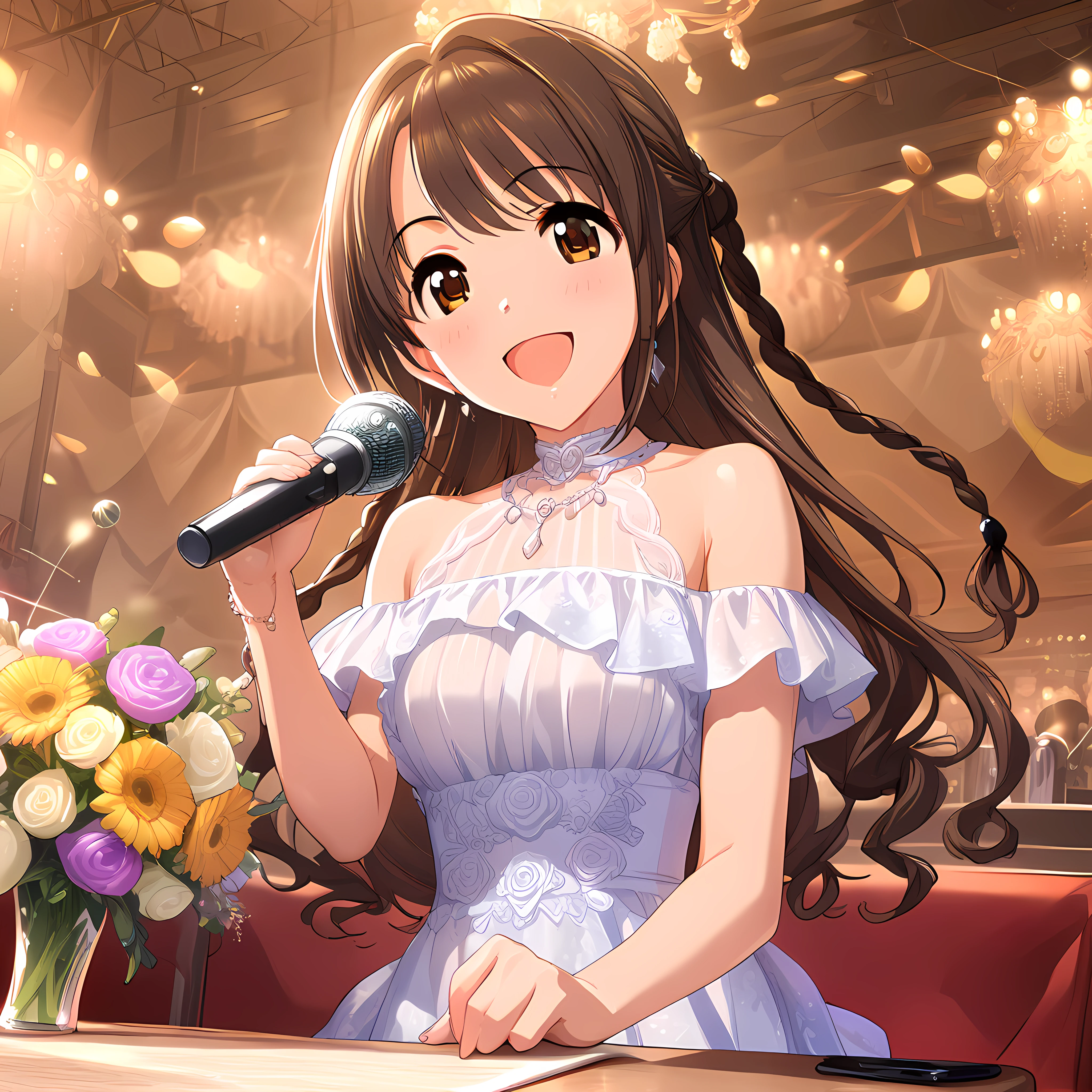 (masterpiece),(best quality),(ultra-detailed),(best illustration),(best shadow),(absurdres),(detailed background),(very aesthetic),uzuki shimamura, dressoutfit, 1girl, jewelry, long hair, brown hair, dress, solo, microphone, braid, smile, flower<lora:uzukishimamurav1:1>