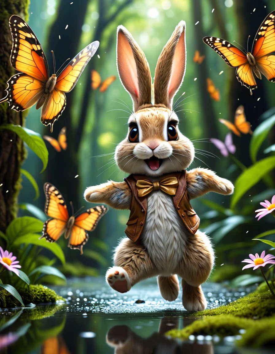 ((cute female rabbit, big eyes)), (fur), (detailed face), (happy, relaxed), (((chasing after butterlies))), reflection, (fantasy enchanted rainforest background, butterfly particles, lots of details), sharp focus,