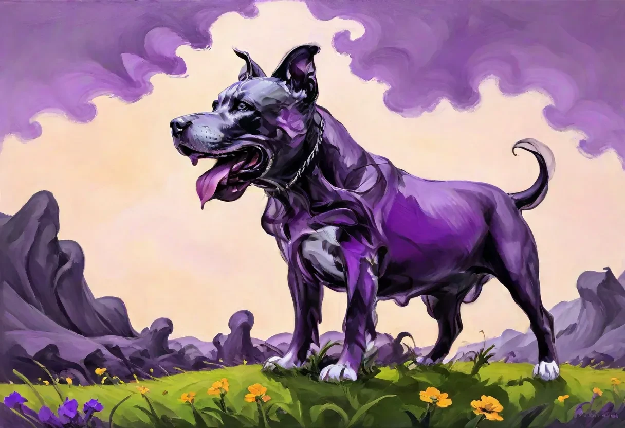 soft rolling hills, Gray Pitbull Dog, large twisted tree, deep purple glowing sky, tall swirling grass and mountain flowers, sheer cliff edge with crashing ocean at it's base, gloom <lora:Gray Pitbull Dog:1.3>
<lora:Gloom:0.7> <lora:iris-xl:0.3>, palette knife painting art style, bold textures, impasto effects, expressive strokes, vibrant colors, dynamic compositions, professional-grade finish, adds depth and dimension, creates tactile quality, immersive texture, contemporary aesthetic