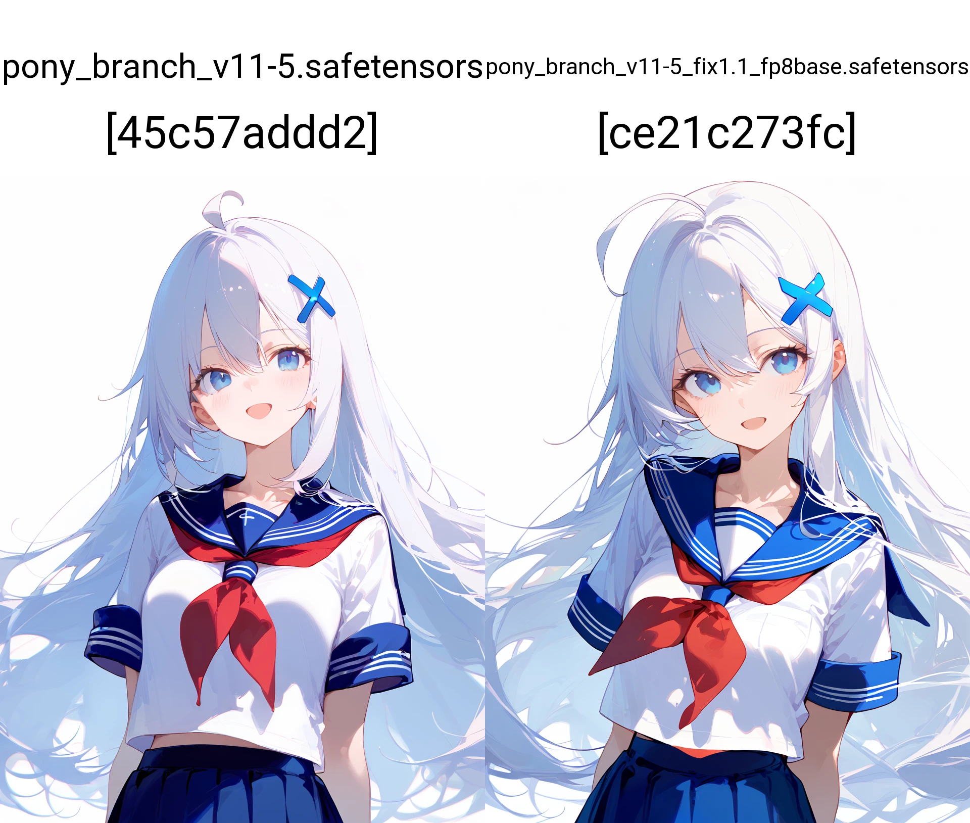 1girl,
score_9, score_8_up, score_7_up, school uniform, short sleeves, open mouth, red neckerchief, upper body, shirt, white shirt, sailor collar, x hair ornament, hair ornament, looking at viewer, smile, standing, blue sailor collar, blue eyes, skirt, light blush, serafuku, ahoge, arms behind back, collarbone, hairclip, white hair, pleated skirt, simple background, white background, :d, hair between eyes, midriff peek, blue skirt, neckerchief, head tilt, solo, long hair, very long hair, blush