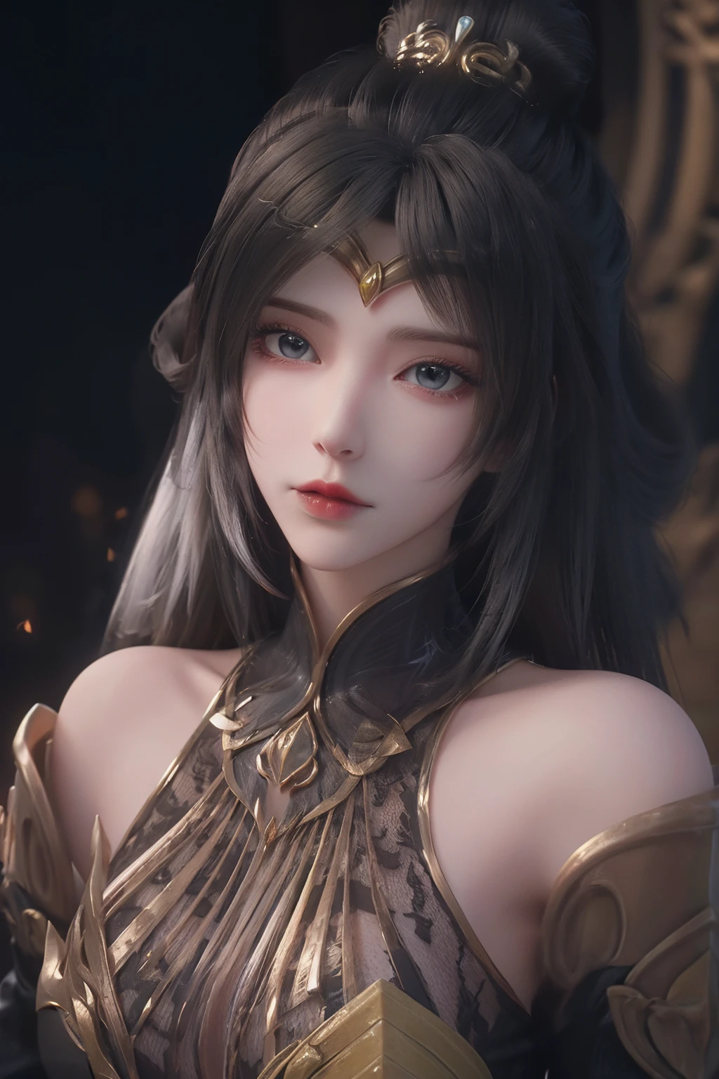 <lora:monv:1>,monv,1girl,solo,black hair,blue eyes,looking at viewer,highlights,lips,long hair,gold ornament,white hair,streaked hair,multicolored hair,circlet,closed mouth,eyelashes,portrait,realistic,makeup,blurry,hair ornament,frills,
beautiful detailed eyes,black background,, best quality , masterpiece, illustration, an extremely delicate and beautiful, extremely detailed ,CG,unity,8k wallpaper, Amazing, finely detail, masterpiece, best quality,official art,extremely detailed CG unity 8k wallpaper,absurdres, incredibly absurdres, huge filesize , ultra-detailed, highres, extremely detailed,beautiful detailed girl, extremely detailed eyes and face, beautiful detailed eyes,light on face,