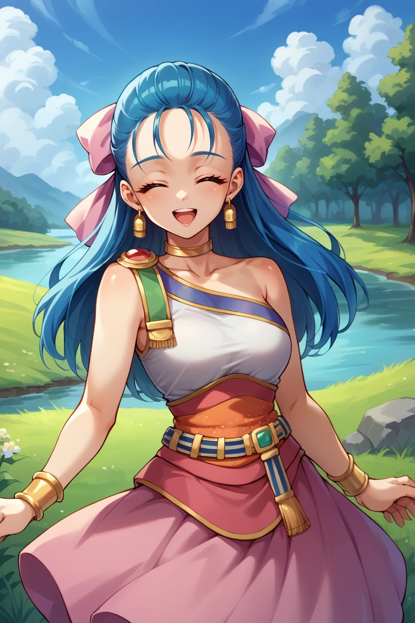 score_9, score_8_up, score_7_up, score_6_up, source_anime, BREAK 1girl, <lora:nera-pdxl-nvwls-v1-000006:1> nera, hair bow, bracelet, choker, earrings, long dress, sash, looking at you, medium breasts, river, field, trees, blue sky, looking at you, closed eyes, open mouth, happy