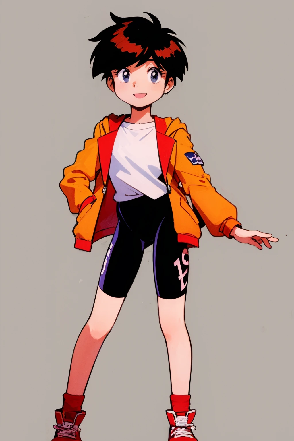masterpiece, best quality,
1girl, isamihanaoka, brown hair, short hair, blue eyes, open jacket, sleeves rolled up, shirt, bike shorts,
full body, smile, standing, contrapposto, solo, looking at viewer, simple background, solid grey background <lora:IsamiHanaoka:1>