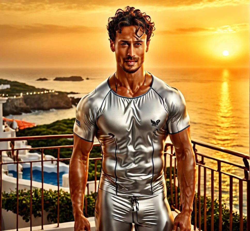 Nautical-themed (Photo:1.3) of (Ultrarealistic:1.3) <lora:Man_Men_FFashion:1> Tiger Shroff a man <lora:Tiger-Shroff:000001:1>, in a white wet suit standing on a balcony, handsome man, attractive man, handsome male, sun behind him, inspired by Pablo Munoz Gomez, shot at golden hour, editorial photograph, midshot of a hunky, by Roman Bezpalkiv, by Artur Tarnowski, maxim sukharev, by Gabor Szikszai,Highly Detailed,(Mono Color:1.3) . Sea, ocean, ships, maritime, beach, marine life, highly detailed