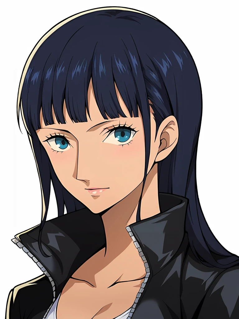 Score_9, score_8_up, score_7_up, source_anime, looking at viewer, (cowboy shot),masterpiece, best quality, upper body, portrait,beautiful, (white background), BREAK, nico_robin, black hair, bangs, tanned skin, black jacket, BREAK, <lora:Persona_5_Portrait_Style_Pony_upscaled:1>,